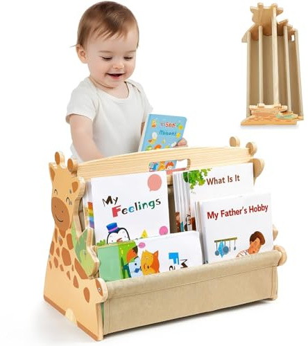 SheSeek Toddler Bookshelf Double-Sided with 4 Tier Deep Sleeves Kids Wooden Montessori Book Rack for Baby Nursery Room, Playroom, Classroom or Bedroom Bookcase Storage Organizer, Light Wood Giraffe