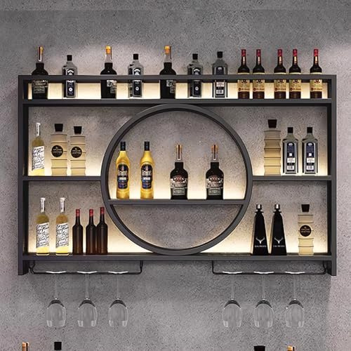 TONGBOSHI Metal Wall Mounted Wine Rack with LED Light, Modern 3-Tier Glass Holder and Stemware Shelves for Kitchen, Bar, Dining Room (Black, 100cm/39.4in)