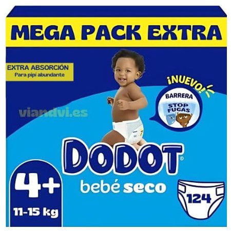 Dodot Bebé Seco Extra Absorción Talla 4+ (10-15 kg) Pack Ahorro 124 Pañales | Protección Nocturna | Hasta 12h Seco | Barreras Antifugas | Ajuste Cómodo para el Bebé