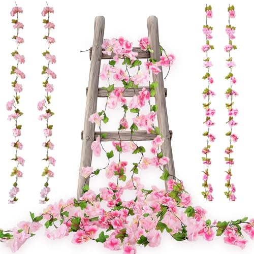 YUZHEDM 4 Piezas 230cm Guirnalda de Flores Artificiales Cerezo Decoracion, Guirnalda De Flores de Cerezo Guirnalda Flores Falsas Enredadera para Decoración Boda Jardín Balcón (Rosa Oscuro)