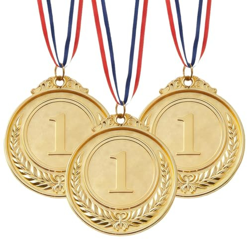 nuneoeuo 3 Pcs Gold Medals, 1st Awards Personalised Party Game Prizes with Colorful Medal Ribbons, Football Medals Party Prizes Suitable to Sports Day and Competitions