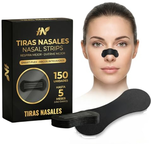 HN® PACK AHORRO 150 Tiras Nasales Deportivas I Dilatador Nasal Antironquidos para Dormir I Alivia la Congestión Nasal Para Respirar Mejor Por La Nariz I Nasal Strips Negras Para Reducir Ronquidos.
