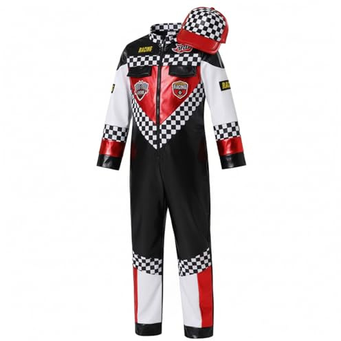 Bemonew Déguisement de pilote de course pour enfant combinaison course avec casquette idéal pour les fêtes et les déguisements motif à carreaux rouges noirs et blancs taille L.