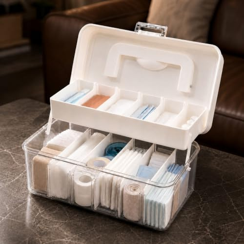 YJQXMYU Medicine Storage Box with Adjustable Dividers, 2-Layer First Aid Box, 24.5cm Multipurpose Storage Box with Lid & Handle for Medicine, Tool, Craft, Hair Accessories & Sewing Storage