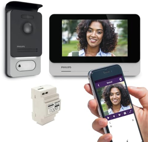 Philips WelcomeEye Connect 2 Visiophone 2 Fils avec Transformateur | Écran tactile 7 pouces, 2 fils jusqu’à 120 m, application WelcomeEye, RFID, mémoire photo/vidéo, transformateur rail DIN