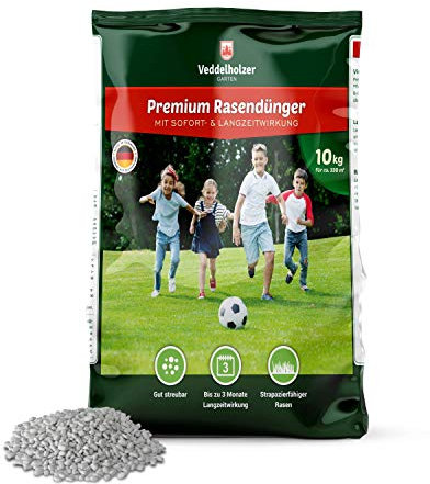 Veddelholzer Garten starker mineralischer Rasendünger mit 3 Monaten Langzeitwirkung ideal für Frühjahr und Sommer NPK 15+5+8 (+3), staubarmes Granulat, Langzeitdünger Rasen Dünger