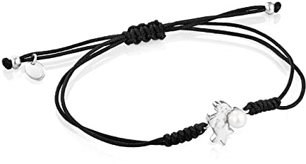 TOUS Pulsera de Cuerda Negra para Mujer con Motivo en Plata de Primera Ley y Perla, 23 cm de Largo, Delicado y Elegante, Colección Nocturne