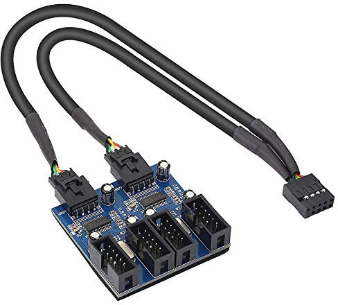 XMSJSIY Motherboard USB 9 Pin Header Hub Male 1 to 2/4 Female USB 2.0 Splitter Extension Cable, USB 9-pin Internal Cable 9 Pin Connector Adapter for Port Multiplier (35cm)