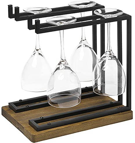MyGift Industrial Metal Wine Glass Rack Holder Stand with 2 Hanger Bars and Rustic Wooden Base, Countertop Hanging Stemware Holder
