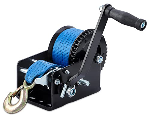SPARKWHIZ Treuil Manuel de 1451,5 kg avec Sangle en Nylon Bleu Robuste de 10 m - Treuil à manivelle à cliquet bidirectionnel avec Crochet pour remorque, VTT, Bateau