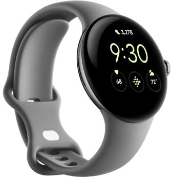 Google Pixel Watch – Android-Smartwatch mit Aktivitätsaufzeichnung – Smartwatch mit Herzfrequenz-Tracker – Edelstahlgehäuse in Polished Silver mit Sportarmband in Charcoalan, Wifi