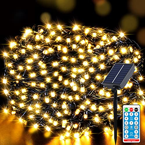 Catena di luci a energia solare per esterni, 20m, 200LED, 8 modalità + timer + telecomando, catena di luci resistente alle intemperie, per giardino, balcone, matrimonio, bianco caldo