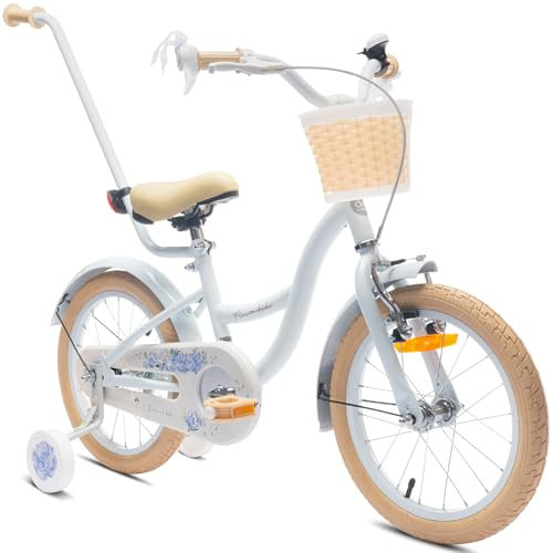 sun baby Mädchenfahrrad 16 Zoll Radgröße Flower Bike zur Auswahl, mit Abnehmbarer Schubstange, Kinderfahrrad für Mädchen von 2 bis 6 Jahre (Hellblau, 16 Zoll)