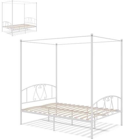 Multigot Canopy Bed Frame, Double Metal Bed Base with Elegant Headboard & Footboard, Modern Slat Support Bedstead for Adults Kids, No Box Spring Needed (White)