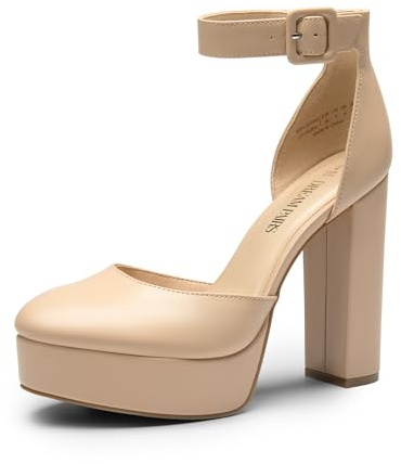 DREAM PAIRS Décolleté con Plateau e Cinturino alla Caviglia Comode Scarpe da Sposa con Tacco e Blocco per Festa,Size 37,Nude-Pu,SDPU2419W
