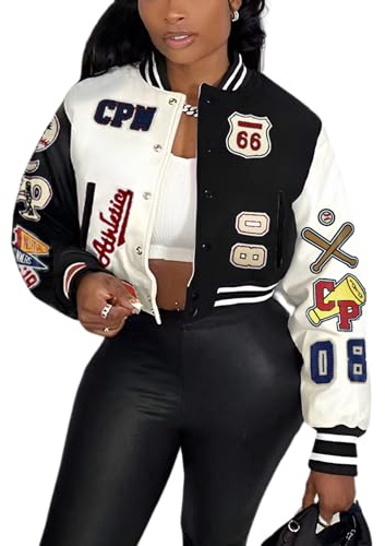 Glitrandi Varsity Jacket for Women Jacket with Patches Cropped Bomber Leather Jacket Woman Winter Spring 2025 S-XXL