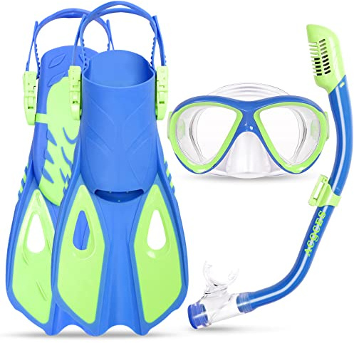 Snorkeling Gear for Kids Ages 5-15, 4 in 1 Mask Fins Snorkel Set with HD Tempered Glass Panoramic View Anti-Fog Mask, Dry Top Snorkel, Adjustable Trek Fins, and Mesh Bag, Kids Snorkel Set for Youth