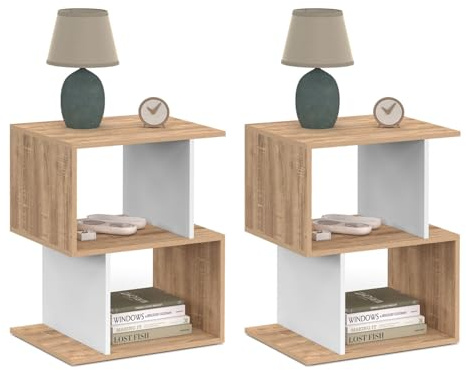 IDMarket - Lot de 2 Tables de Chevet Sofia Forme S avec rangements Ouverts Effet hêtre et Blanc