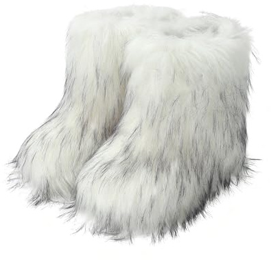 MAIJED White Fur Boots for Women Fluffy Furry Short Snow Boots Fashion Fuzzy Mid-Calf Warm Boots Outdoor Flat Shoes