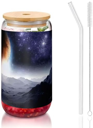 Galaxy Nature Milky Way Atmosphere Planet Printing 16oz Drinking Glasses with Lids and Straws,Cute Water Glasses for Juice,Beer,Coffee,Tea