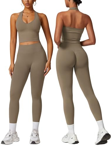 IDOPIP Sport-Set Damen Neckholder Zweiteiler: Rückenfrei Gym Set Hoch Taile Po-formende Leggings mit Scrunch-Effekt - Sportanzug für Fitness Yoga Pilates Workout kaki Small