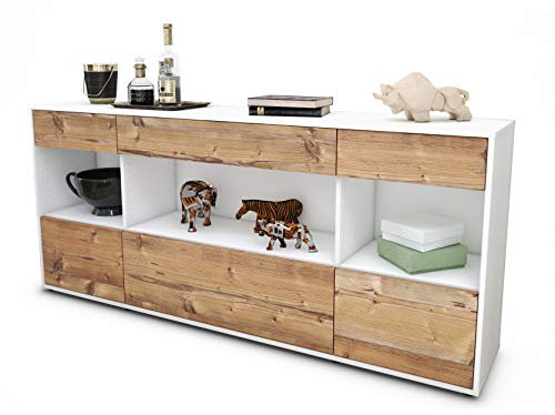 Stil.Zeit Sideboard Fabiana, Korpus Weiss matt, Front Holz-Design Pinie (180x79x35cm) Push-to-Open Technik & Leichtlaufschienen
