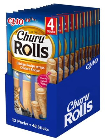 CIAO Churu Rolls – kattgodis för att mata ur handen – läckra kattsnacks med krämig fyllning – behandlar som pinnar med kyckling, täckt med kyckling 40 g (12-pack)