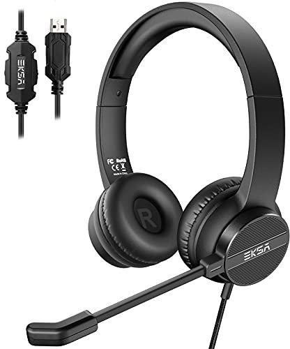 EKSA H12E PC Auriculares con Micrófono, Headset de USB con Interruptor de Silencio y Control de Volumen, Sonido Estéreo Claro, Cascos con Microfono PC/Office/Call Center/Office/Skype/Zoom/Webinar
