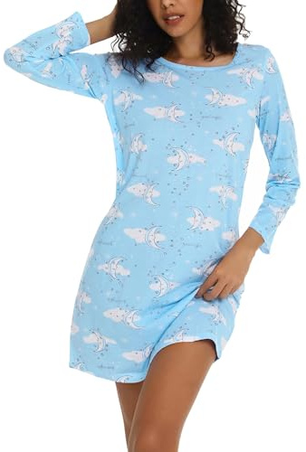 ENJOYNIGHT Womens Nightdresses Long Sleeve Nighties Cotton Nightshirt Soft Sleepwear Loungewear (Medium,Moon)