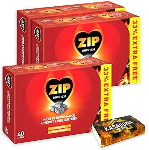 3 X Packs of 40 Zip High Performance Energy Block Firelighters Powerful Reliable & Long Burning for Open Fires Stoves BBQs & KasaBona Safety Matches