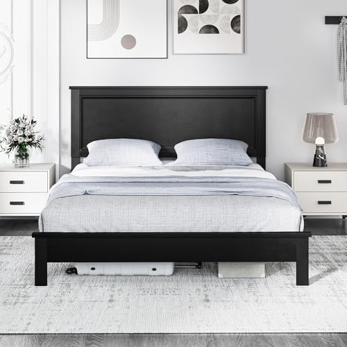 Giantex Wood Queen Platform Bed Frame with Headboard, Mid Century Bed Frame with Solid Wood Legs & Wooden Slat Support, Easy Assembly Supports 500 LBS, Black Bed