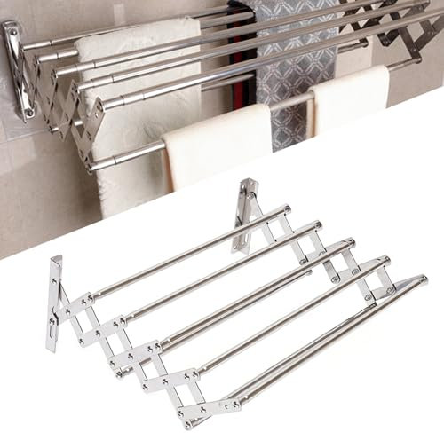 RUETERY Stendibiancheria da parete in acciaio inox, pieghevole, stendibiancheria da parete con 5 aste, portasciugamani in metallo per bagno, larghezza 42-80 cm