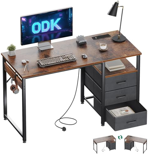 ODK 120cm Office Desk with Drawers, Computer Desk with 2 Sockets & USB Ports, Reversible PC Table with Storage, Study Table for Home Office & Bedroom, Brown
