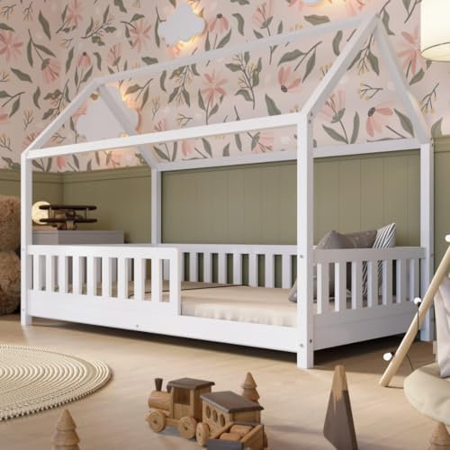 Crazy Pine Hausbett 120x200 cm – Kinderbett aus Naturholz in Weiß mit Rausfallschutz – Skandinavisches Design, Montessori Bodenbett mit Höhenverstellbaren Beinen - Crazy Blanco