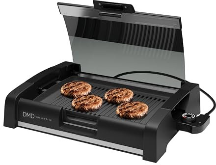 DMD® | 2-in-1 Smokeless Electric Barbecue Grill with Glass Lid, Non-Stick Indoor BBQ Grill and Griddle Hot Plate with Built In Drip Tray, Adjustable Temperature, 1650W
