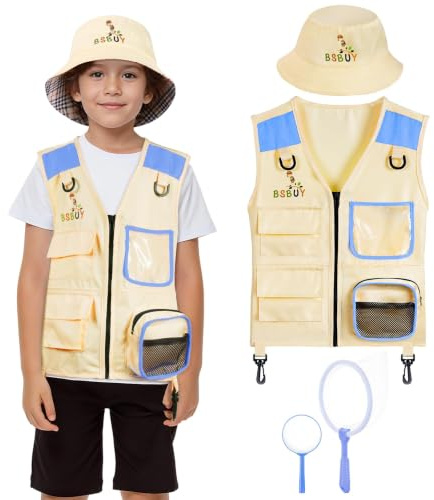 BSBUY Kit Explorador Niños, Disfraz Explorador Niños con Lupa, Sombrero de Cubo y Red para Atrapar Insectos, Chaleco Explorador Niña, Juego de Explorador Regalo para Niños de 3 a 8, Azul