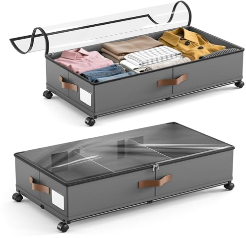 Gvdeirn 2Pcs Under Bed Storage with Wheels, Underbed Containers with Clear Lid, 360° Rotation, Large 48L and 3 Handles, Closet Organization - Grey