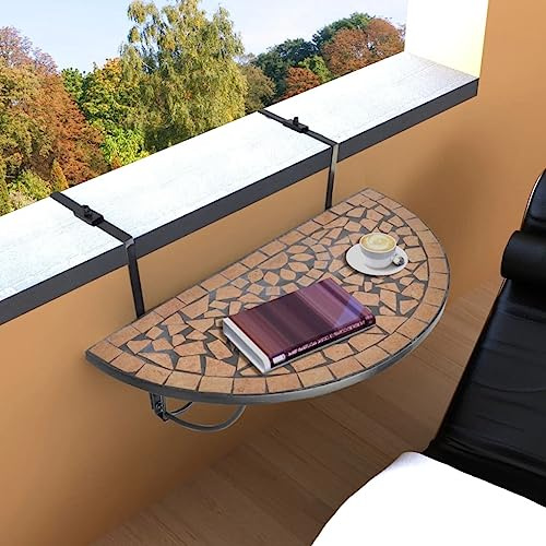 SKTQYQO Tavolo Sospeso da Balcone in Terracotta e Nero con Mosaico in Ceramica, Tavolino Sospeso Semicircolare con Struttura in Ferro Robusta e Piano Facile da Pulire, Fissaggio