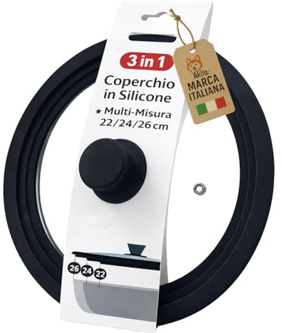 AkitaInk Coperchio Universale in Vetro con Bordo in Silicone - Per Pentole e Padelle - Resistente al Calore - Varianti 16-18-20/22-24-26/28-30-32 cm (DIAMETRO 22, 24, 26 CM)