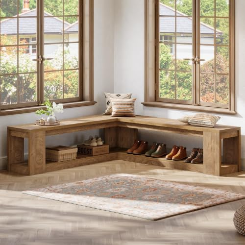 Tribesigns L-Shaped Corner Bench, 61-Inch Breakfast Nook Bench with Storage | Farmhouse Wooden Dining Bench with Space-Saving Shelf for Living Room, Entryway, Cloakroom, Backless, No Cushion, Brown