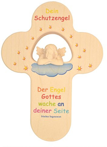 Junker Kirchenbedarf Holz Kinderkreuz Schutzengel - Wandkreuz mit Raffael Engel und Spruch Irischer Segenswunsch, natur, 17cm