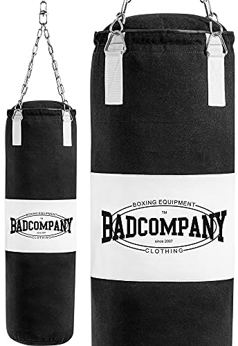 Bad Company Sac de frappe avec chaîne en acier I Canvas Punching Bag remplie de PVC Noir et blanc I 100 x 30 cm I 120 x 30 cm, 100 x 30 cm