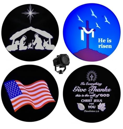 Beffy Arts Christian Themed 4-in-1 Projector Featuring Nativity Light for Christmas, Give Thanks Bible Verse for Thanksgiving, Shrouded Cross for Easter, Waving Flag for July 4th and Memorial Day