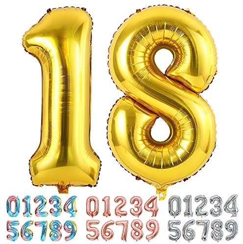 Ponmoo Foil Globo Número 18/81 Dorado, Gigante Numeros 0 1 2 3 4 5 6 7 8 9 10-19 20-29 30 40 50 60 70 80 90 100, Grande Globos Decoración para La Boda Aniversario y Cumpleaños Fiestas