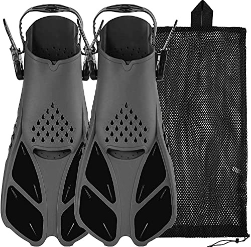 Sugaroom Swim Fins Open Heel, Adjustable Snorkel Fins Diving Fins with Mesh Bag, Snorkeling Gear Flippers Travel Size Short Flippers for Lap Swimming Scuba Dive Adult Men Women Kids