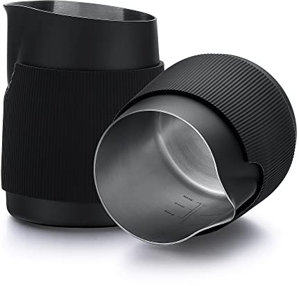 Normcore Handleless Milk Pitcher - Espresso Steaming Pitcher with Round Spout - 18/8 Stainless Steel Milk Frothing Jug, Black Non-Stick - Premium Barista Tools - Black - 15.2 oz (450 ml)