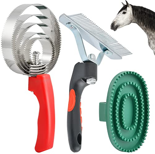 Aemygo - 3 peines reversibles de acero inoxidable con 5 anillos, cepillo de aseo de caballo de doble cara, cepillo de metal tipo escocés para perros, peine removedor de pelo de goma grande, rascador
