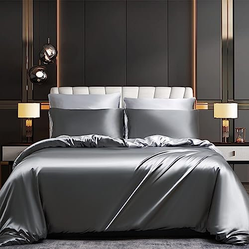 Luofanfei Bettwäsche Satin 200x200 Grau Hellgrau Glanzsatin Seide Bettwäsche Doppelbett Set Uni Seide Luxus Muster Glatt Glänzend Kühlende Sommerbettwäsche und Kissenbezüge 80x80 mit Reissverschluss