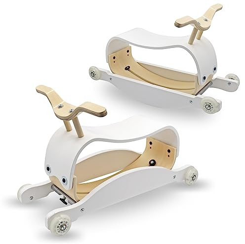 Mamabrum, cavalier et fauteuil à bascule en bois pour enfants - 2 en 1, poids léger 3,5 kg, siège profilé, coupe droite, roues en caoutchouc, silencieux, étagère à l'intérieur de la bascule pour bébé
