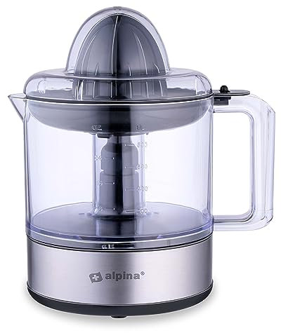 alpina Spremiagrumi elettrico – 30 W/230 V – Spremiagrumi – Spremiagrumi – Contenitore per succo 800 ML – Filtro per polpa e nuclei – Senza BPA – Argento